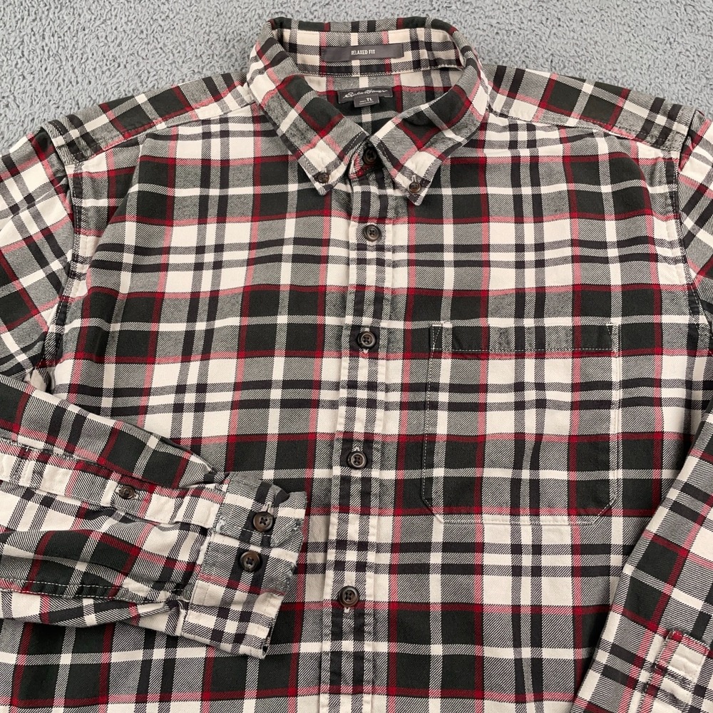 Eddie Bauer Shirt Mens Large Tall Black White Red Flannel Twill Relaxed Fit